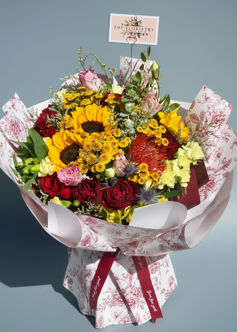 Luxury wrapped bouquet featuring premium roses and vibrant sunflowers in red, yellow, orange, and soft pink tones with rich texture and warm romantic styling.