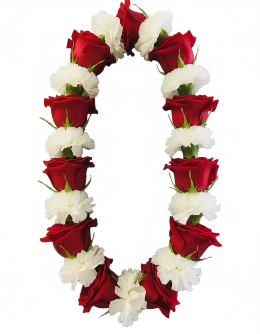 Graduation lei made with red roses and white carnations, symbolizing love and achievement.
