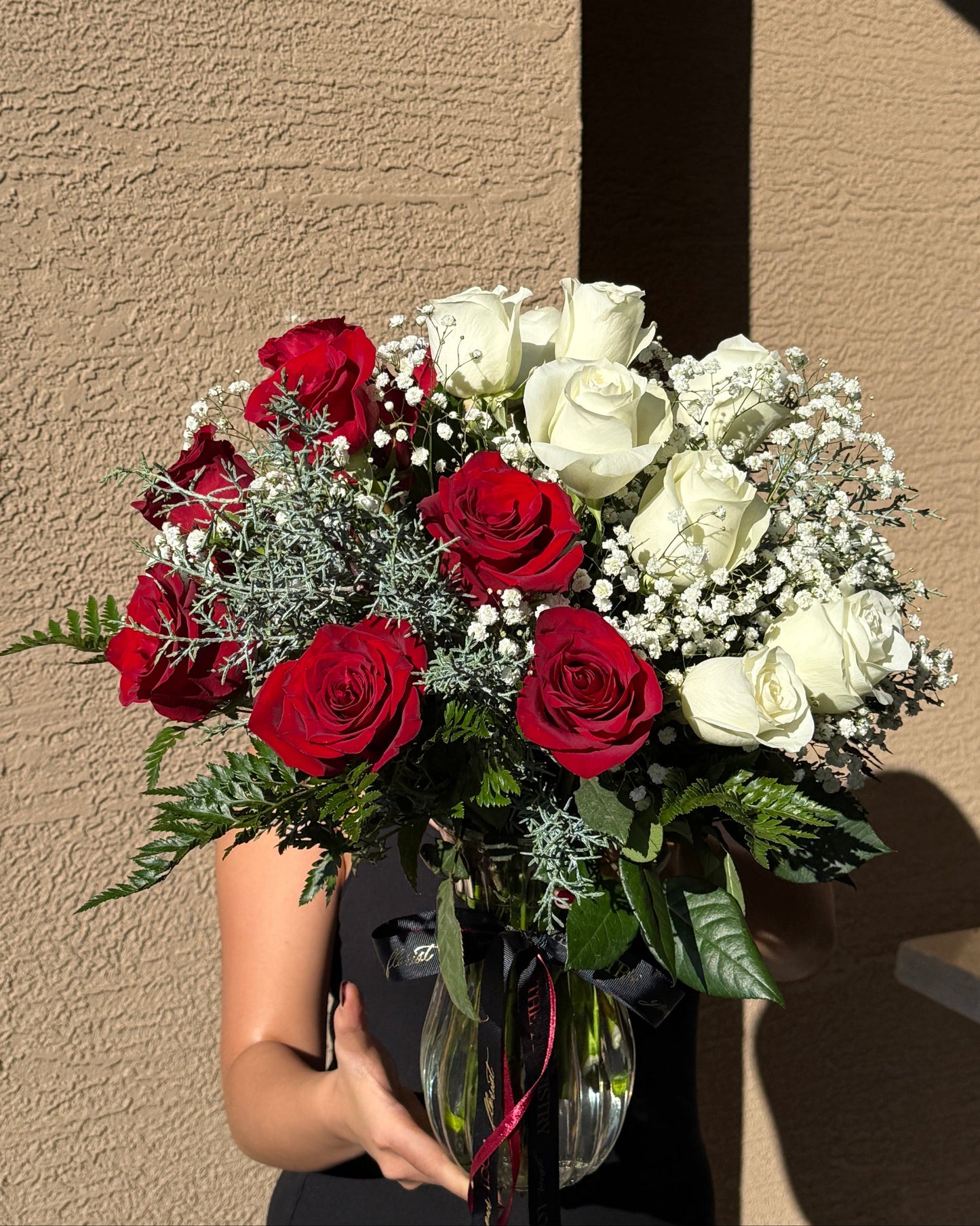 Bouquet of red and white long stem premium roses for Valentine’s Day and special occasions
