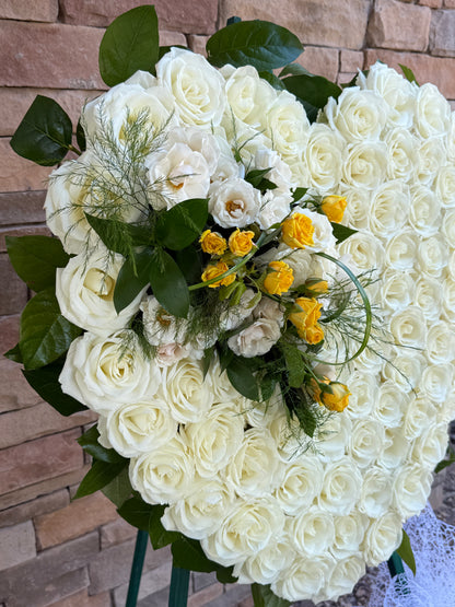 Beautiful White Funeral Flower Stand Heart shape for delivery in Phoenix area, Gilbert, Mesa, Chandler, Tempe, Queen Creek