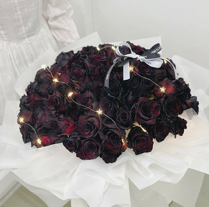 Large premium Spokase dyed black spray roses bouquet wrapped in elegant black Korean-style paper.