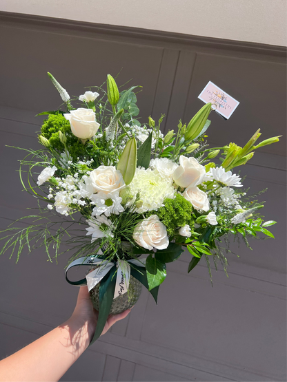 Bouquet of white and green flowers with white selection. Available for delivery in Phoenix area, Gilbert, Mesa, Chandler, Tempe, Queen Creek