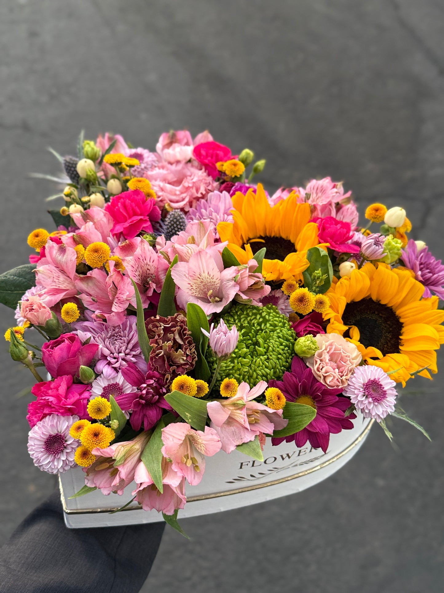 Spring Color Flowers Heart Box, beautiful vibrant blooms, available for same day flower delivery in Gilbert, Queen Creek, Mesa, Chandler Arizona.
