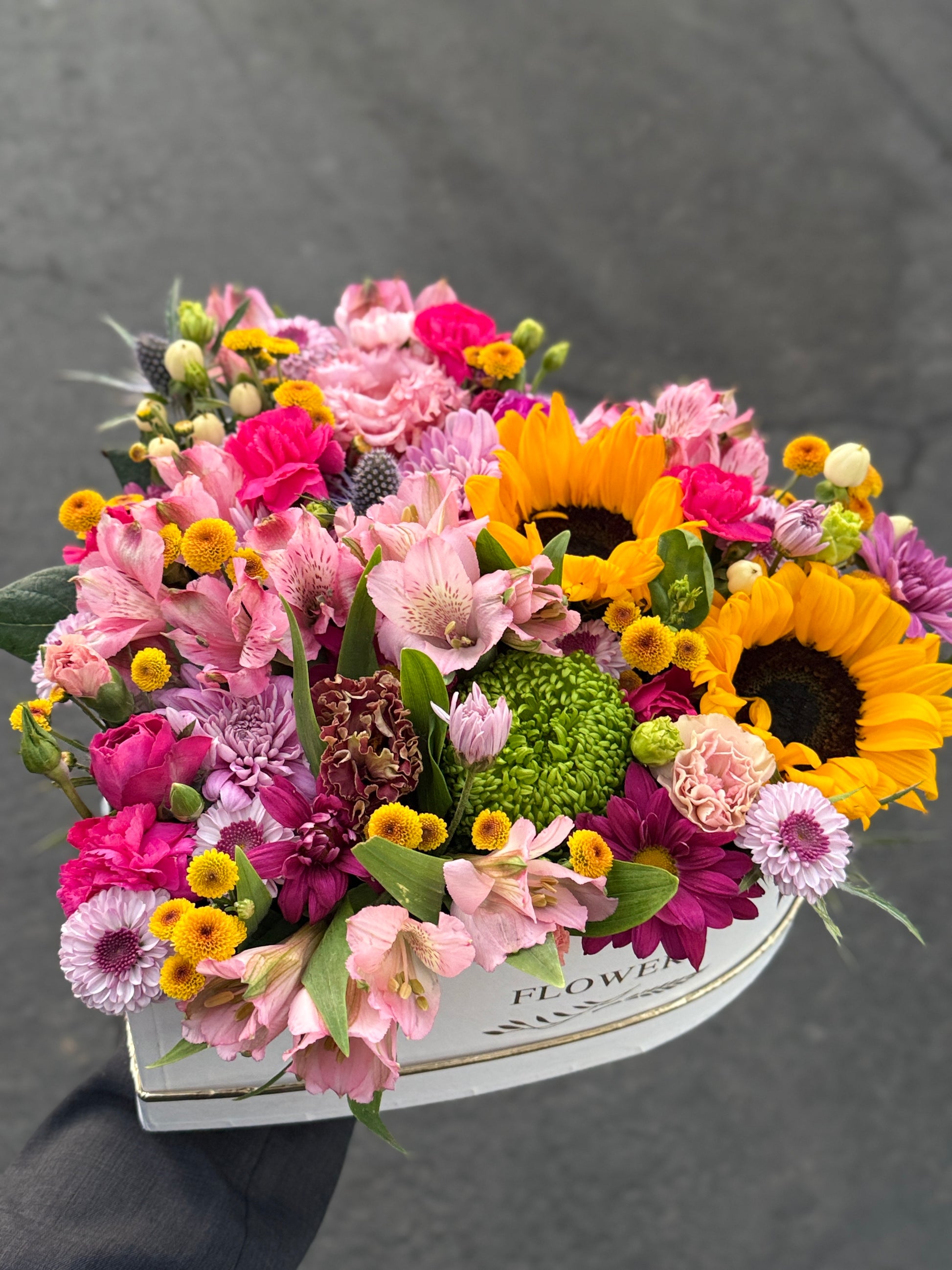 Spring Color Flowers Heart Box, beautiful vibrant blooms, available for same day flower delivery in Gilbert, Queen Creek, Mesa, Chandler Arizona.