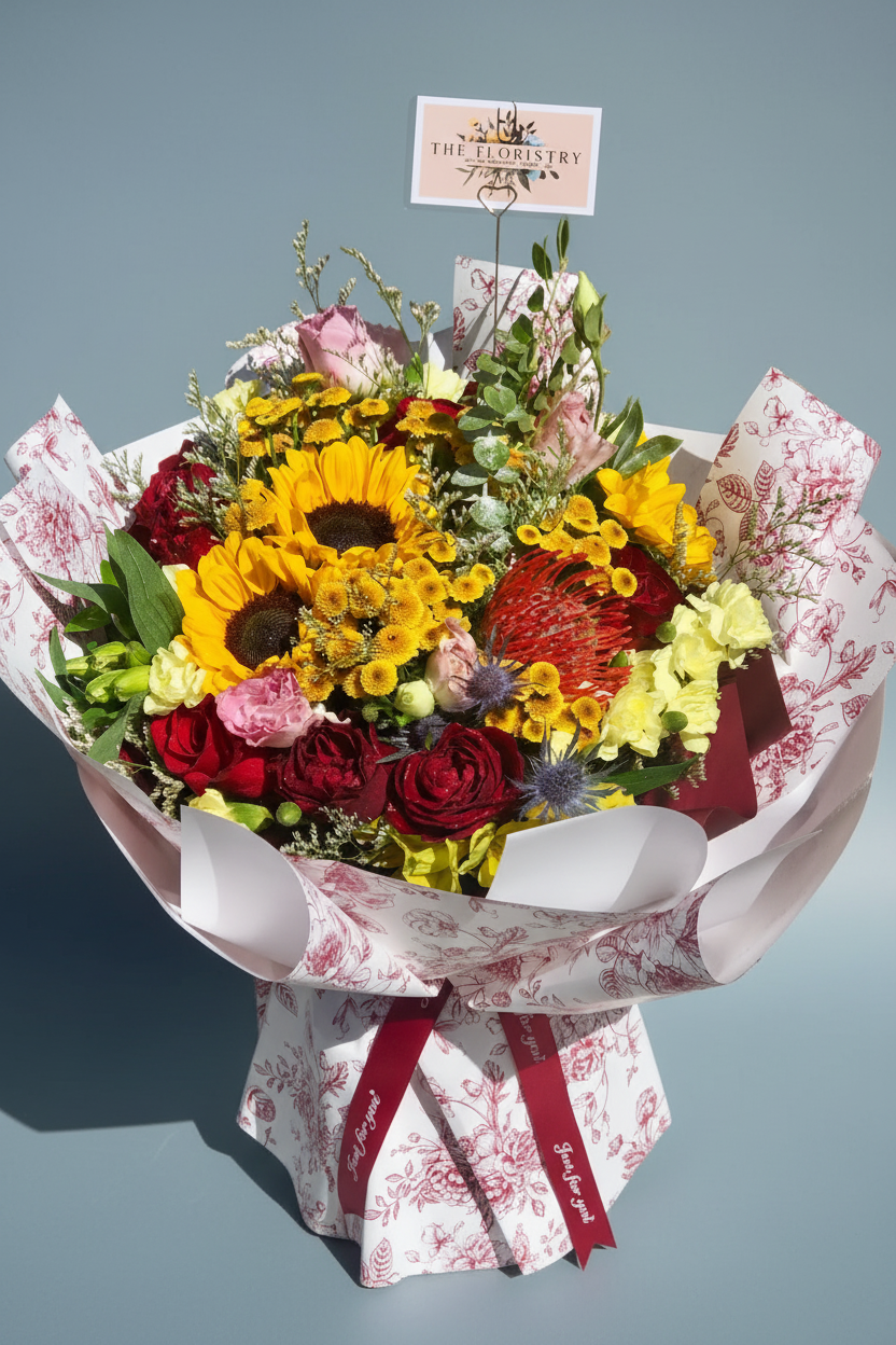 Luxury wrapped bouquet featuring premium roses and vibrant sunflowers in red, yellow, orange, and soft pink tones with rich texture and warm romantic styling.