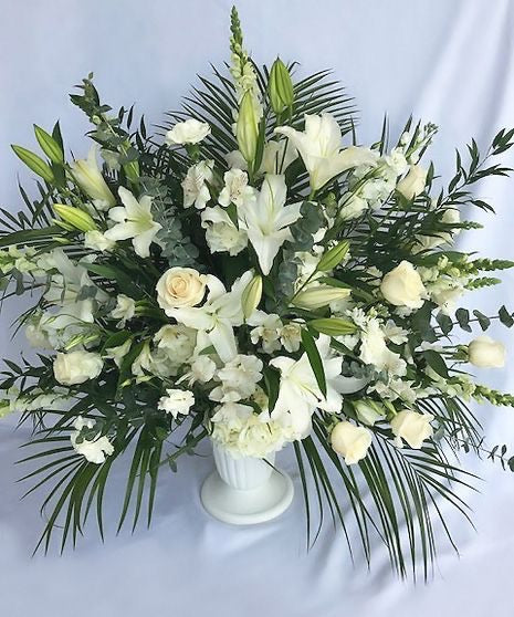 Heartfelt Sympathies White Funeral Standing Arrangement, available for same day delivery in Gilbert, Queen Creek, Chandler, Mesa, Tempe, Phoenix Arizona