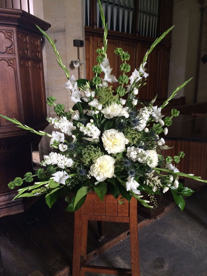 Heartfelt Sympathies White  Green Funeral Standing Arrangement, available for same day delivery in Gilbert, Queen Creek, Chandler, Mesa, Tempe, Phoenix Arizona