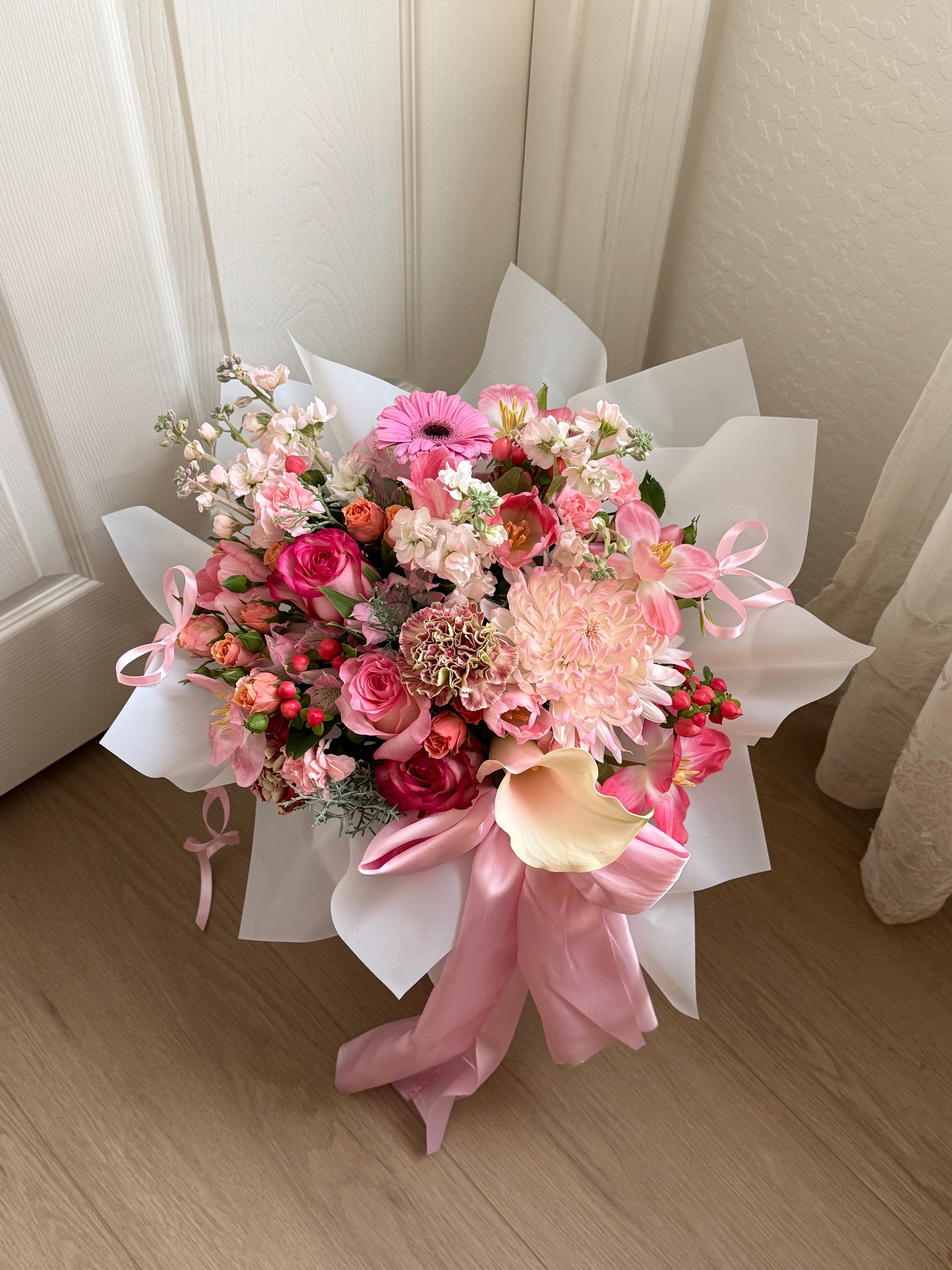 Amor Princess Bouquet featuring fresh seasonal flowers in soft colors and Korean style wrapping delivered in Gilbert, Mesa, Chandler, Queen Creek, Tempe, Phoenix.
