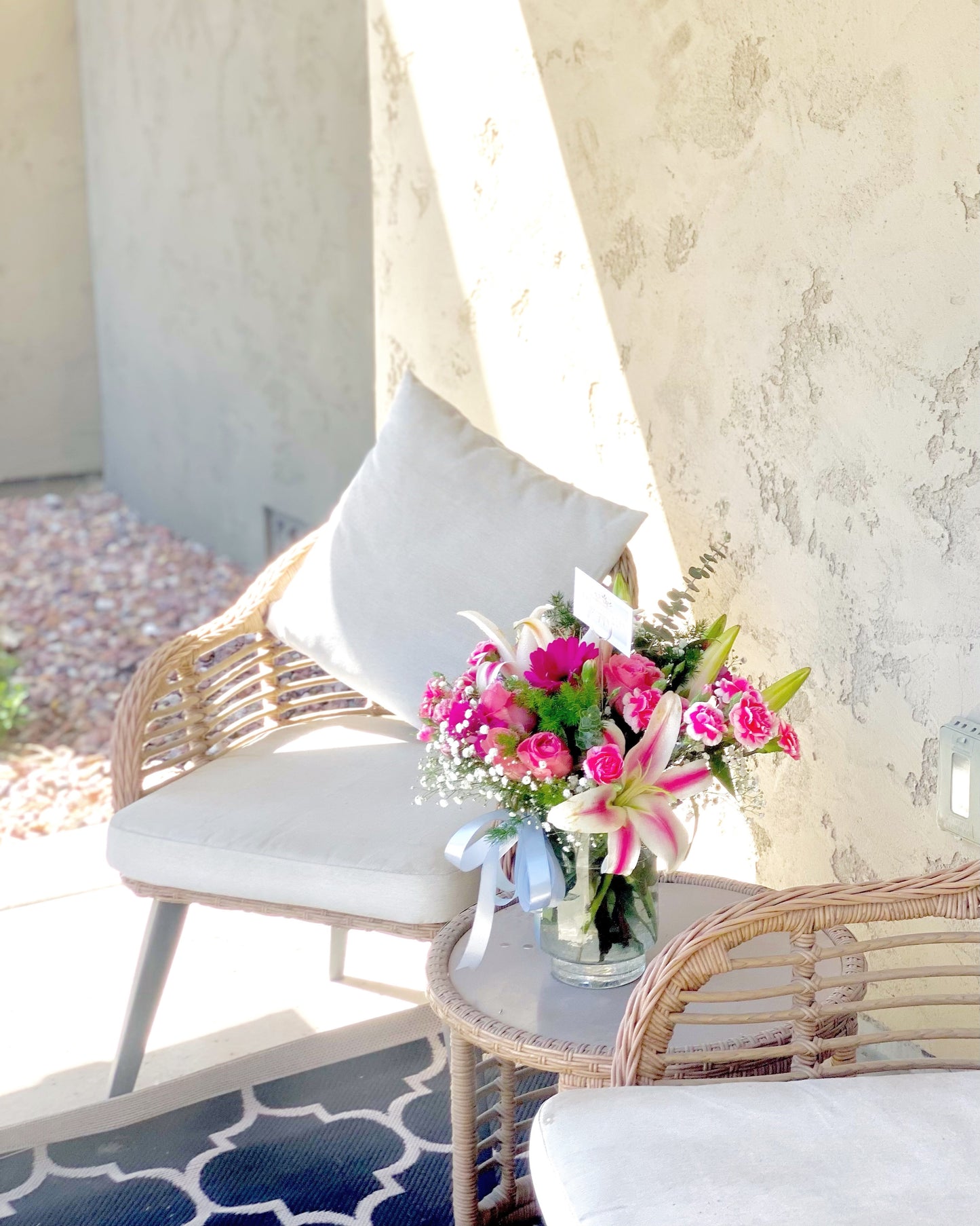 Just Perfect vase arrangement with soft white and pink flowers, ideal for birthdays, anniversaries, or special occasions.
