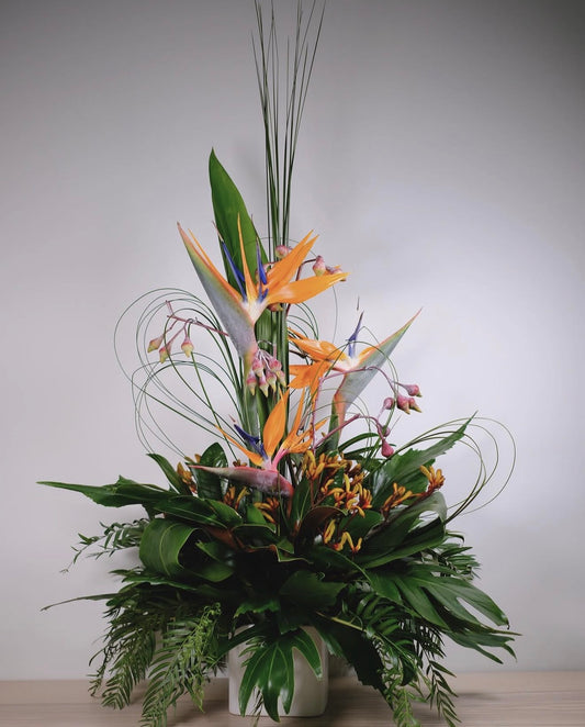 A tropical floral arrangement in a white ceramic pot, featuring vibrant orange and blue bird of paradise flowers, green monstera leaves, and long, thin green filler stems against a neutral gray background.