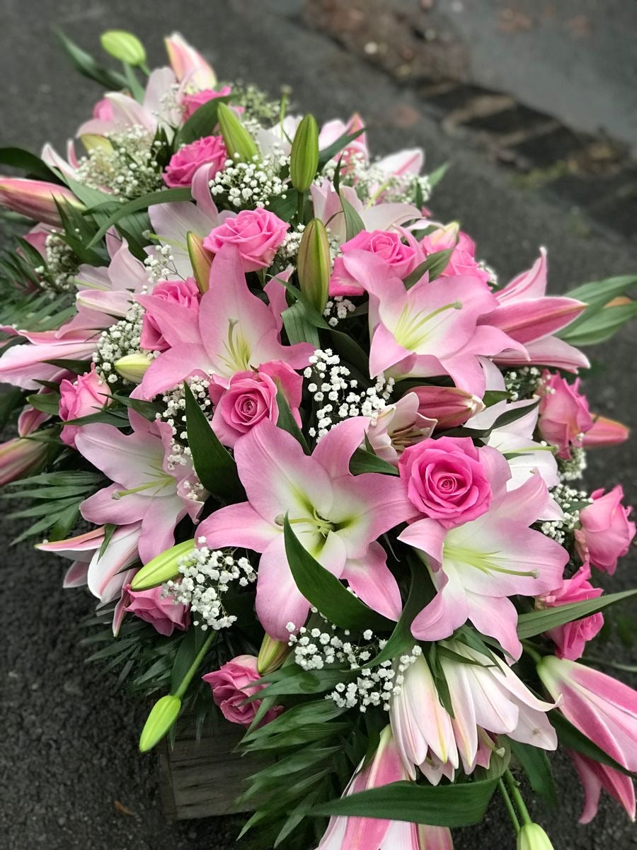 Pink Rose Half Casket Cover available for same day delivery in Gilbert, Queen Creek, Chandler, Mesa, Tempe, Phoenix Arizona