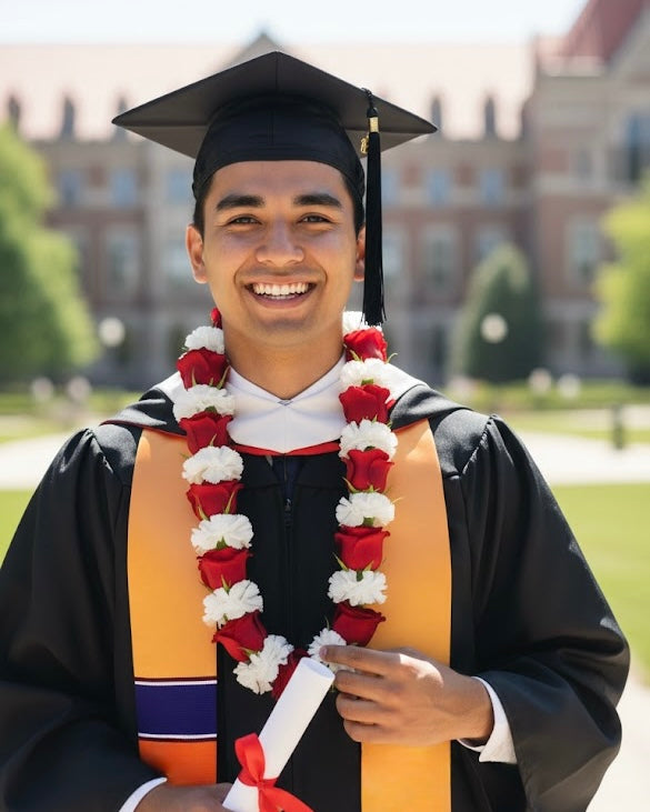 Graduation lei made with red roses and white carnations, symbolizing love and achievement.