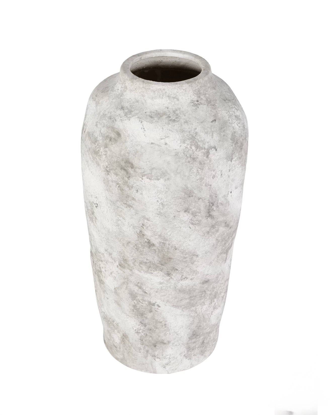 A tall, cylindrical vase with a textured concrete or stone-like finish in light gray and white tones, shown on a plain white background.