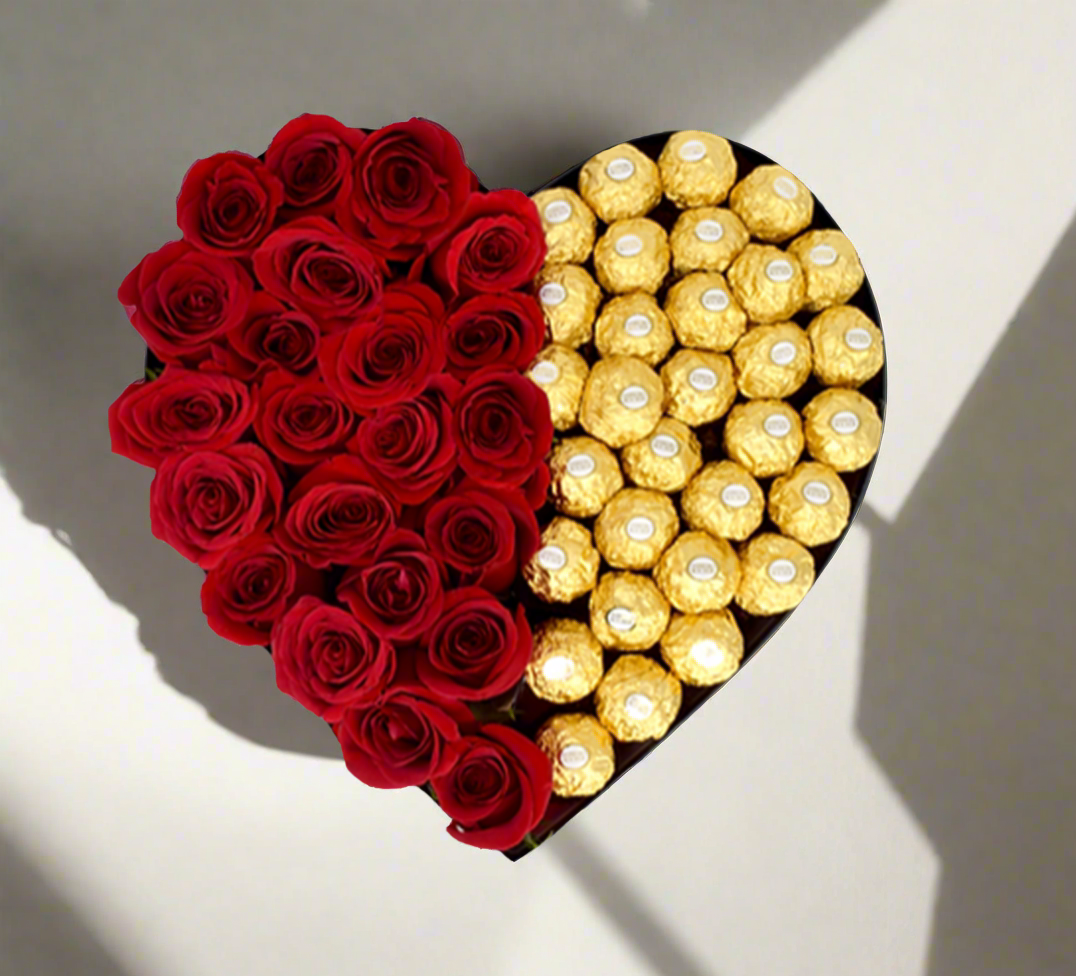 Romantic rose and chocolate heart box arrangement, perfect for Valentine’s Day
