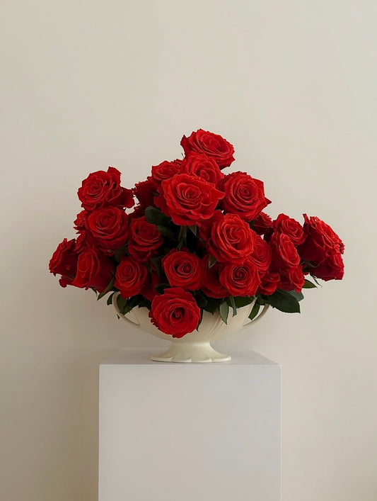 Close-up of premium red roses arranged in a free-form, expressive luxury centerpiece