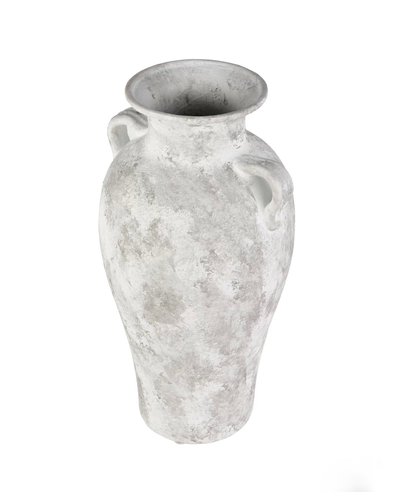 A rustic, textured gray ceramic vase with a wide flared rim and two small loop handles