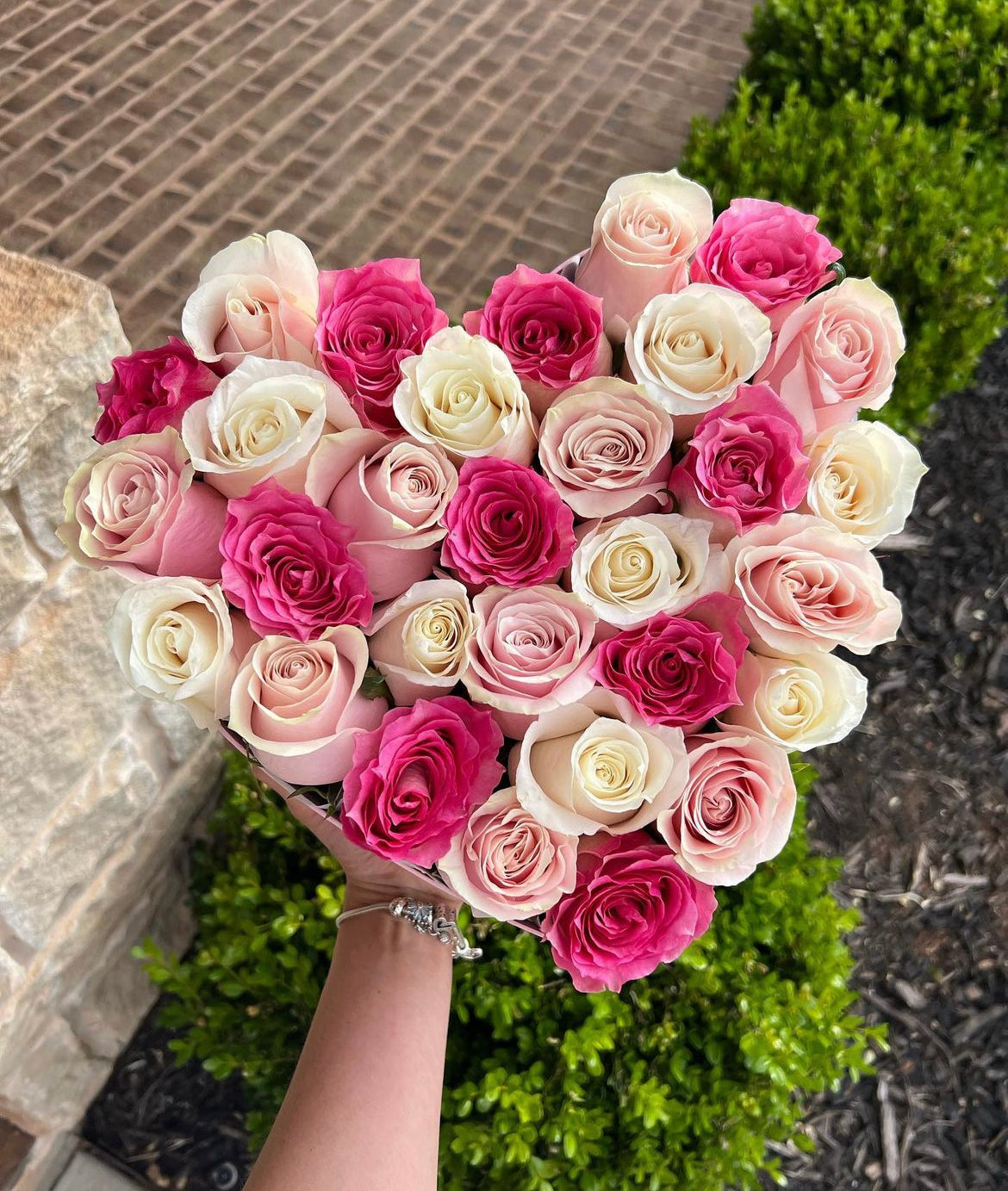 Bubblegum Roses Heart Box - Gilbert Arizona Florist. Pink & White Roses. Red & White roses.
