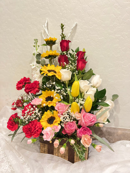 Colorful flower arrangement with sunflowers, roses, and tulips. Best for Mother's day, Valentine, Birthday, anniversary, congratulation.