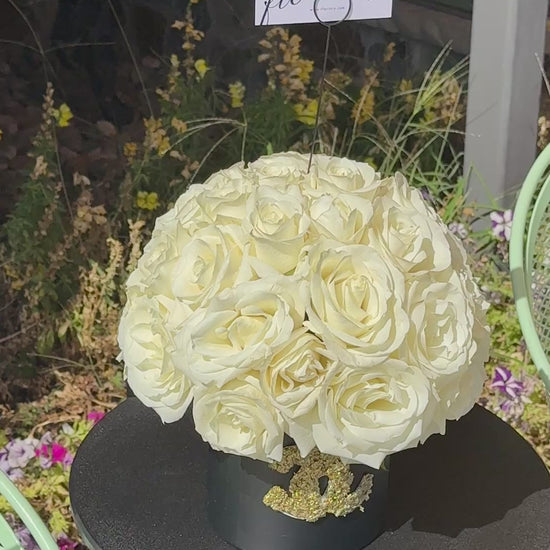 Playa Blanca luxury white rose box, 28-65 roses. Minimal, elegant design with optional baby's breath accent. Same-day delivery, Gilbert AZ.