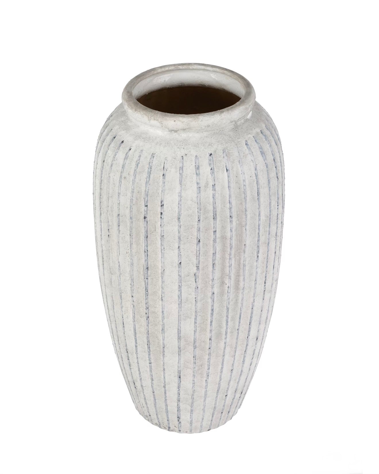 A ribbed ceramic vase with a textured, distressed off-white glaze and a dark brown interior, shown on a plain white background.